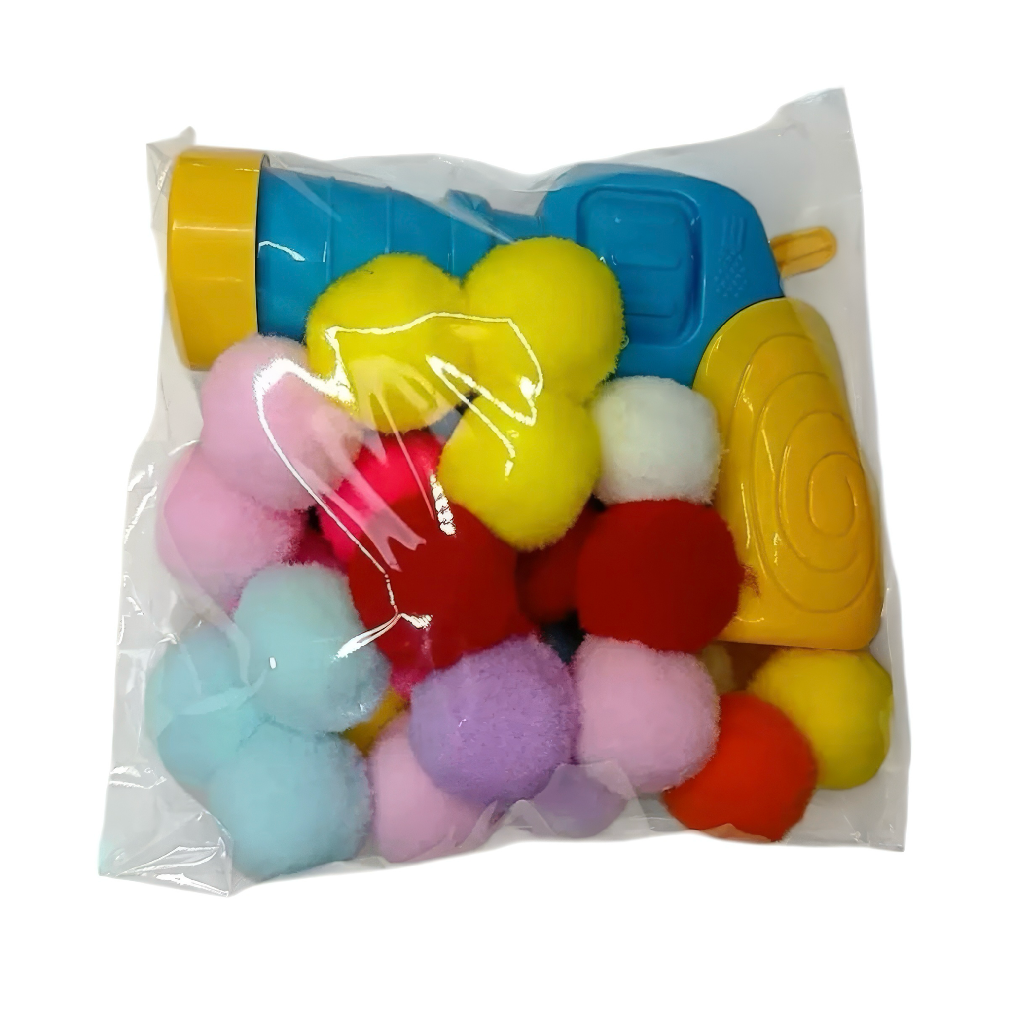 Colorful toy water gun with 30 pom-pom attachments in a clear plastic bag