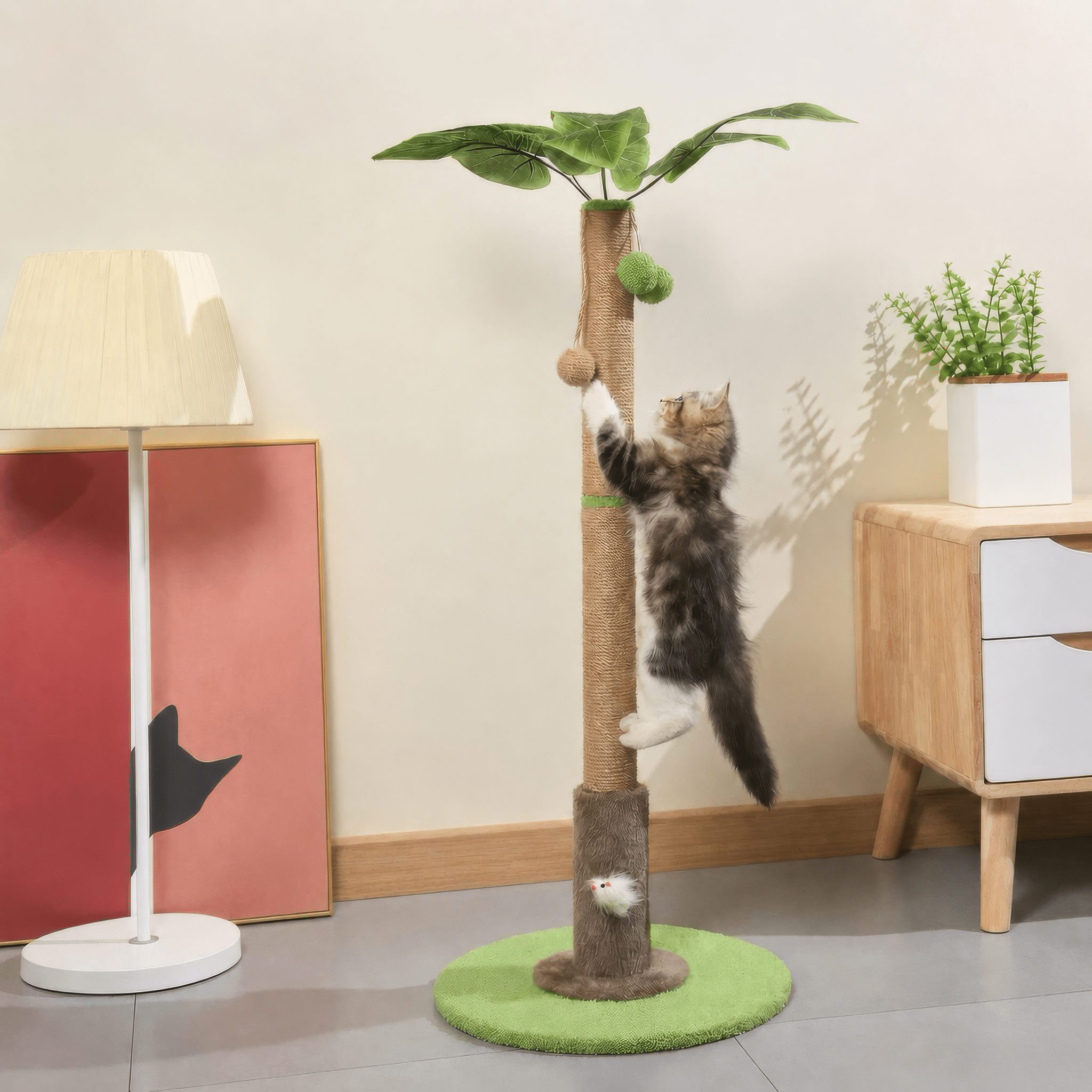 Cat climbing a scratcher tree with green leaves
