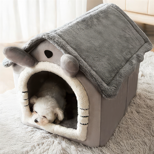 Pet house with a small dog inside on a soft surface