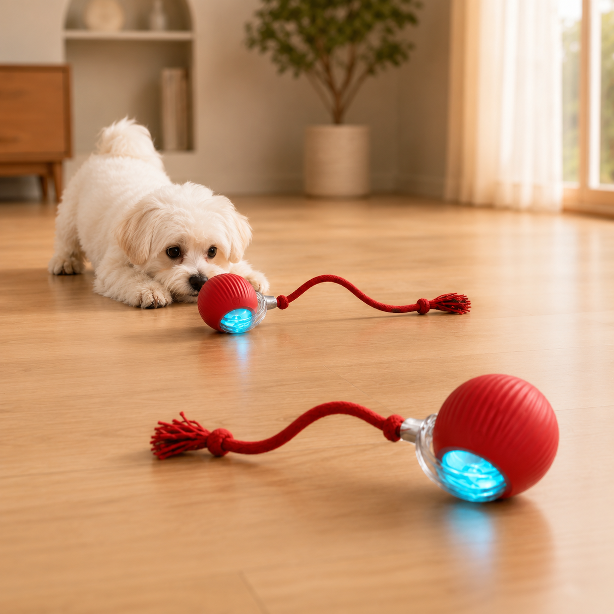 A small white dog lies on a wooden floor in a bright room, looking at a red spherical toy with a glowing blue light and red cord. A second identical toy is in the foreground.