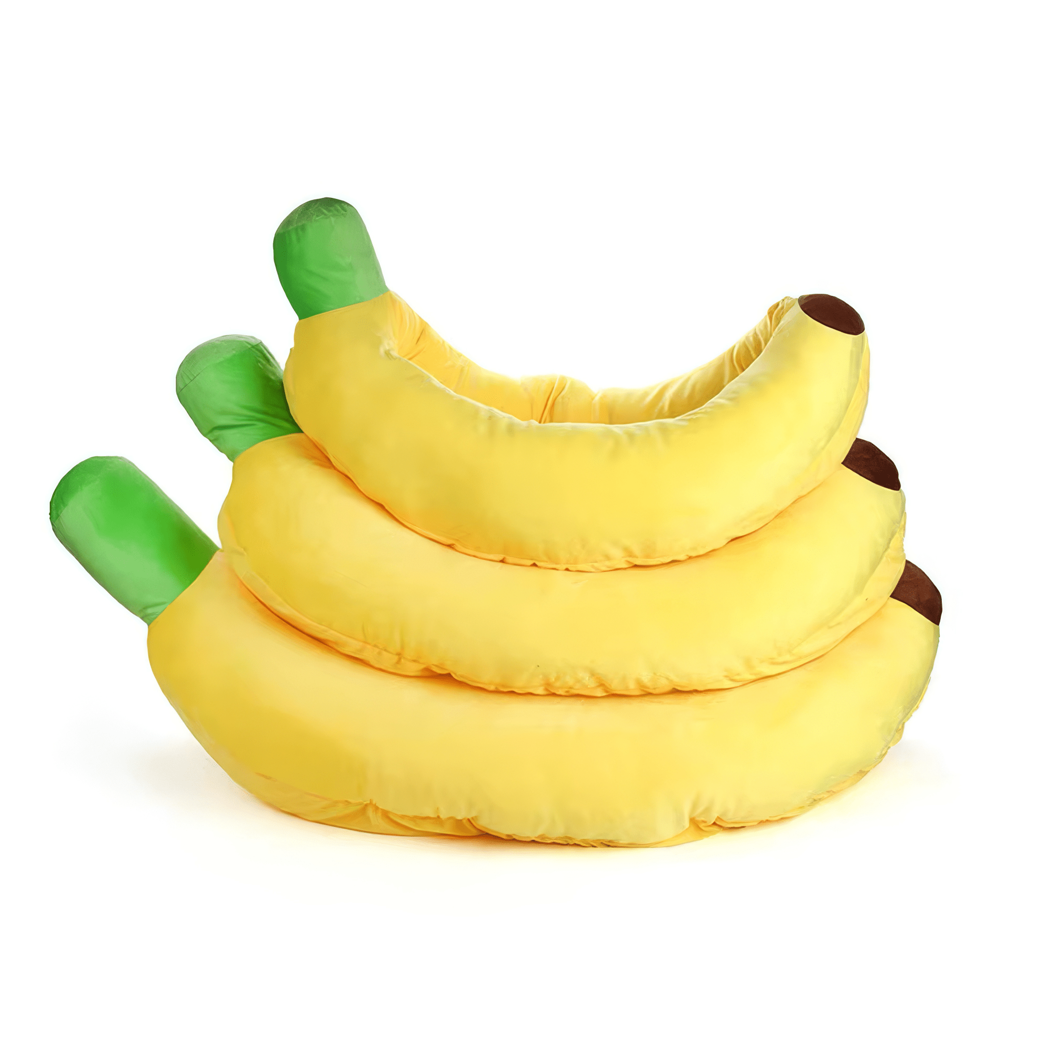 Plush banana-shaped pet bed on a white background

