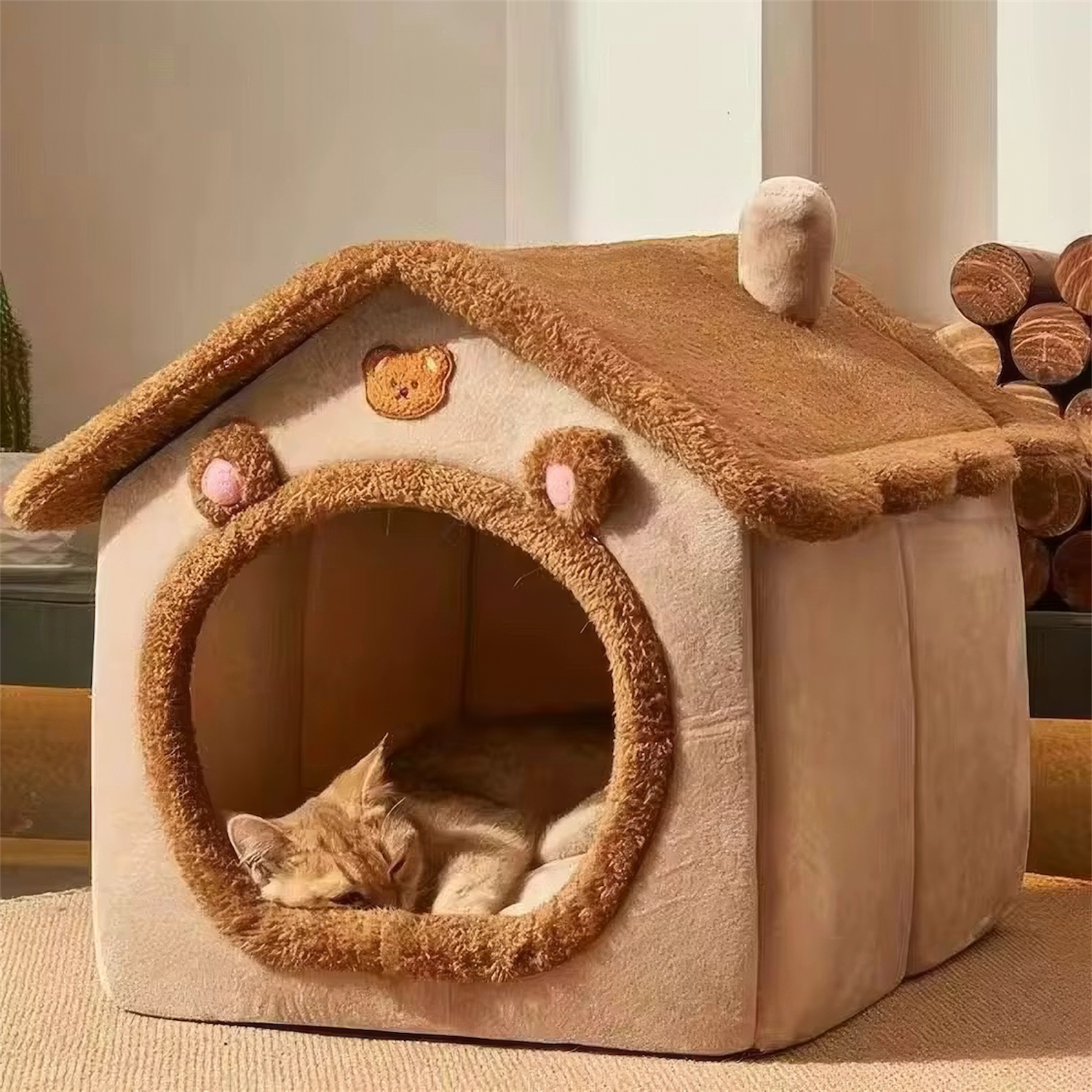Cute bear-shaped pet house in soft velvet, a cozy retreat for cats and dogs