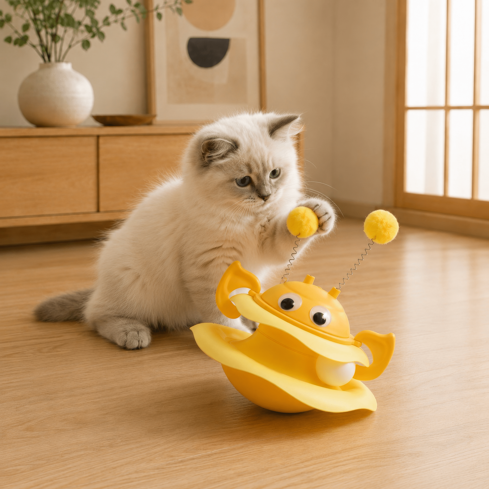 Kitten playing with a yellow bee-shaped toy on a wooden floor
