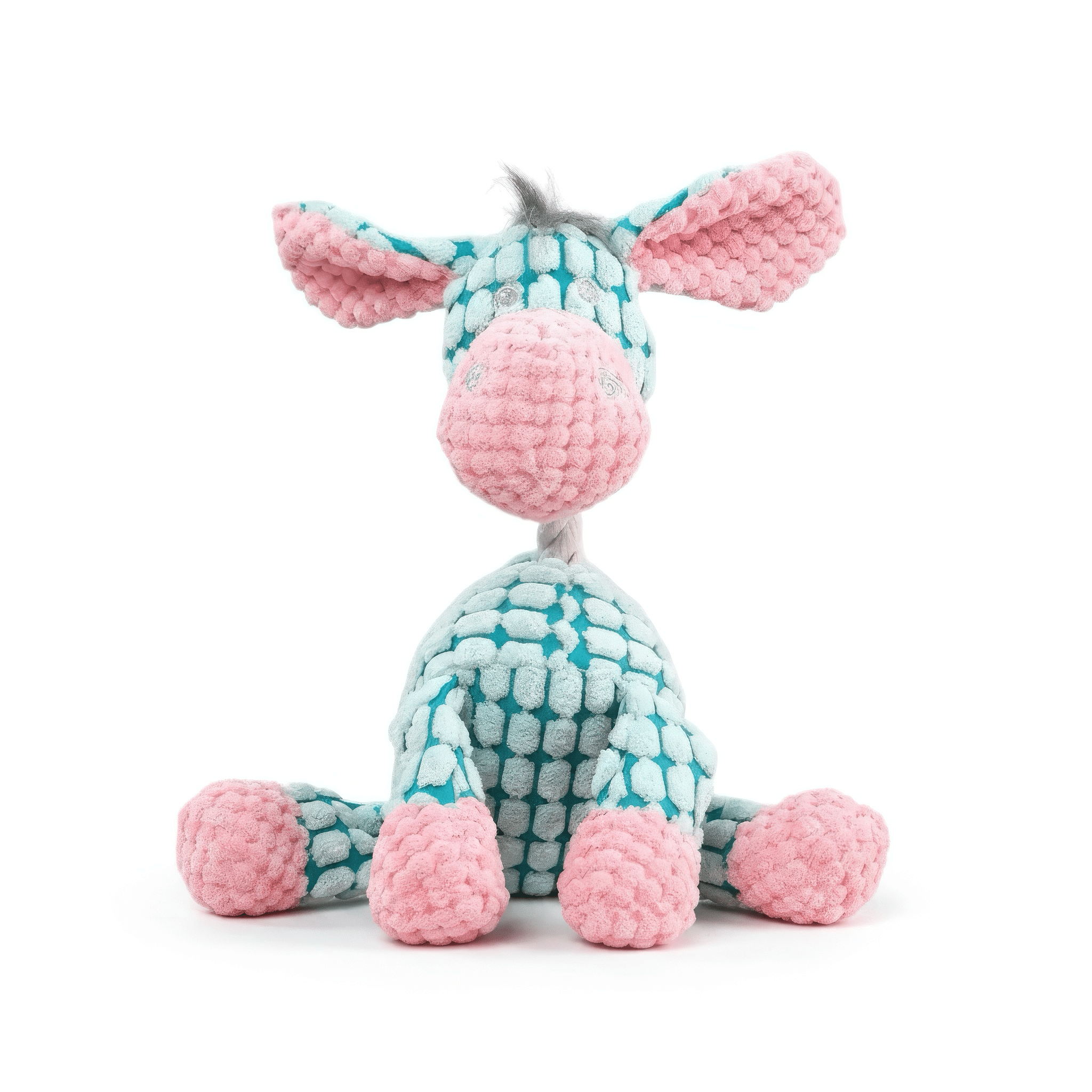 Blue donkey dog toy made with soft yet durable cotton material 