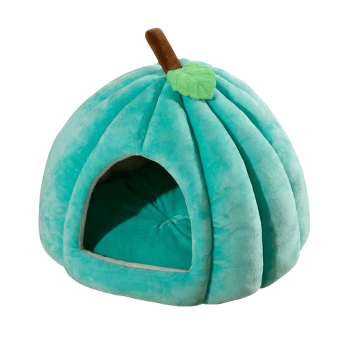 Peacock blue pumpkin-shaped pet bed for cats and dogs