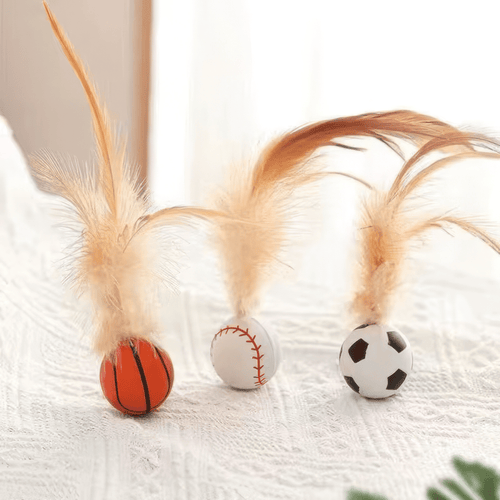 Set of three bouncing feather balls designs for cats