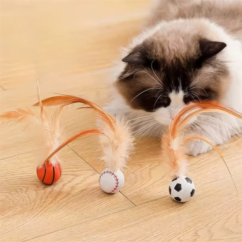 Cat playing with bouncing feather balls on a wooden floor