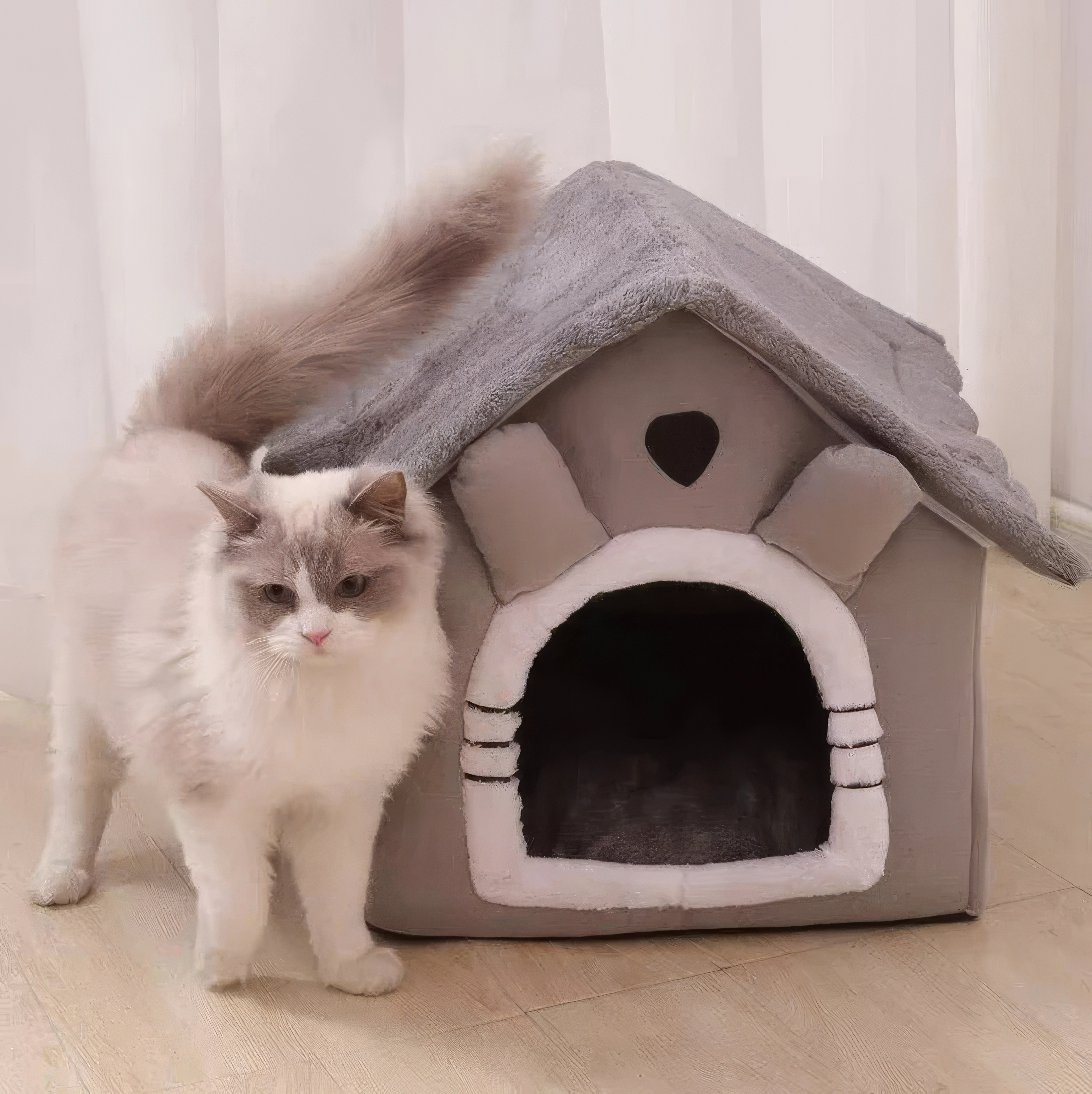 Cat standing next to a gray pet house on a light wooden floor