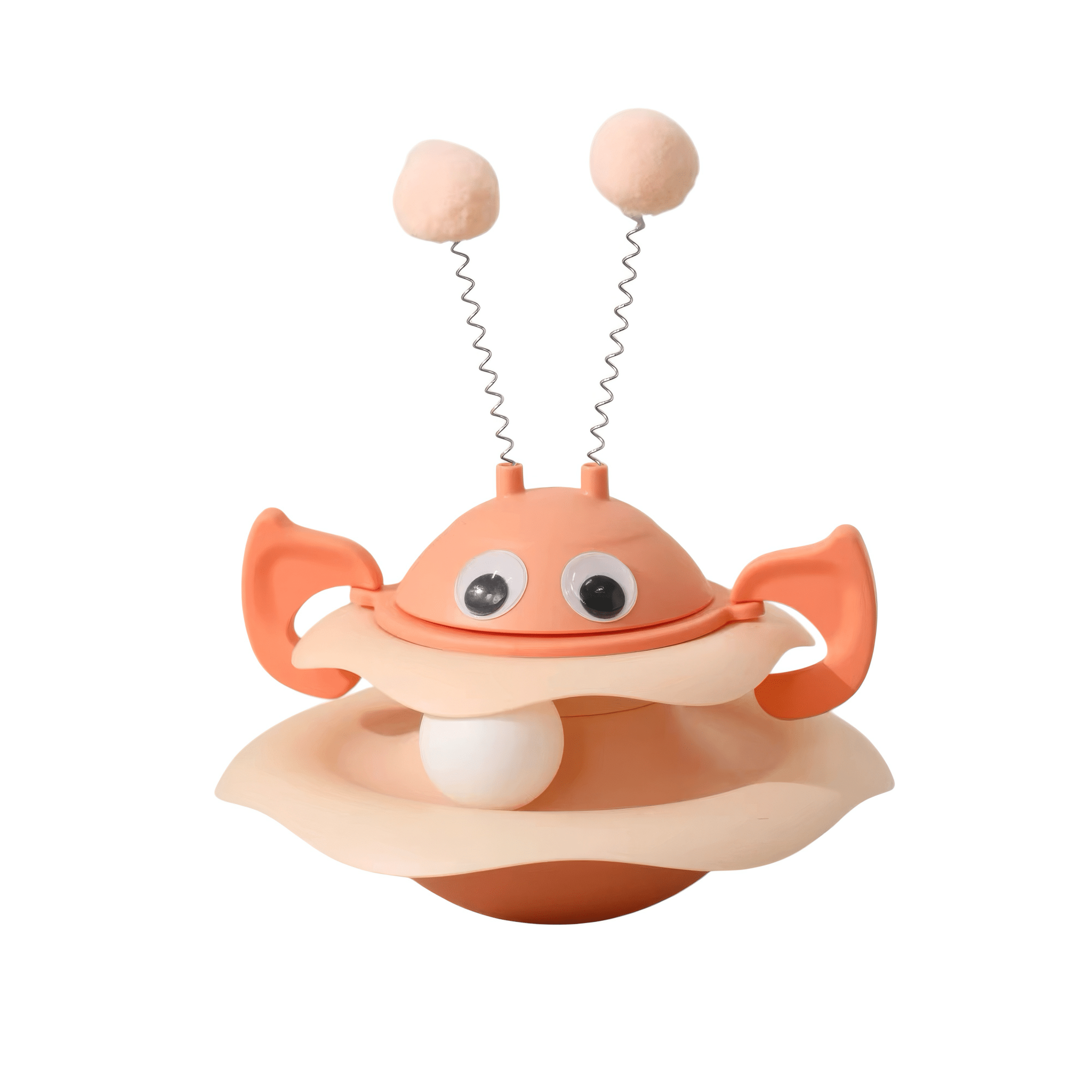 Pink bee toy with googly eyes and antenna on a white background