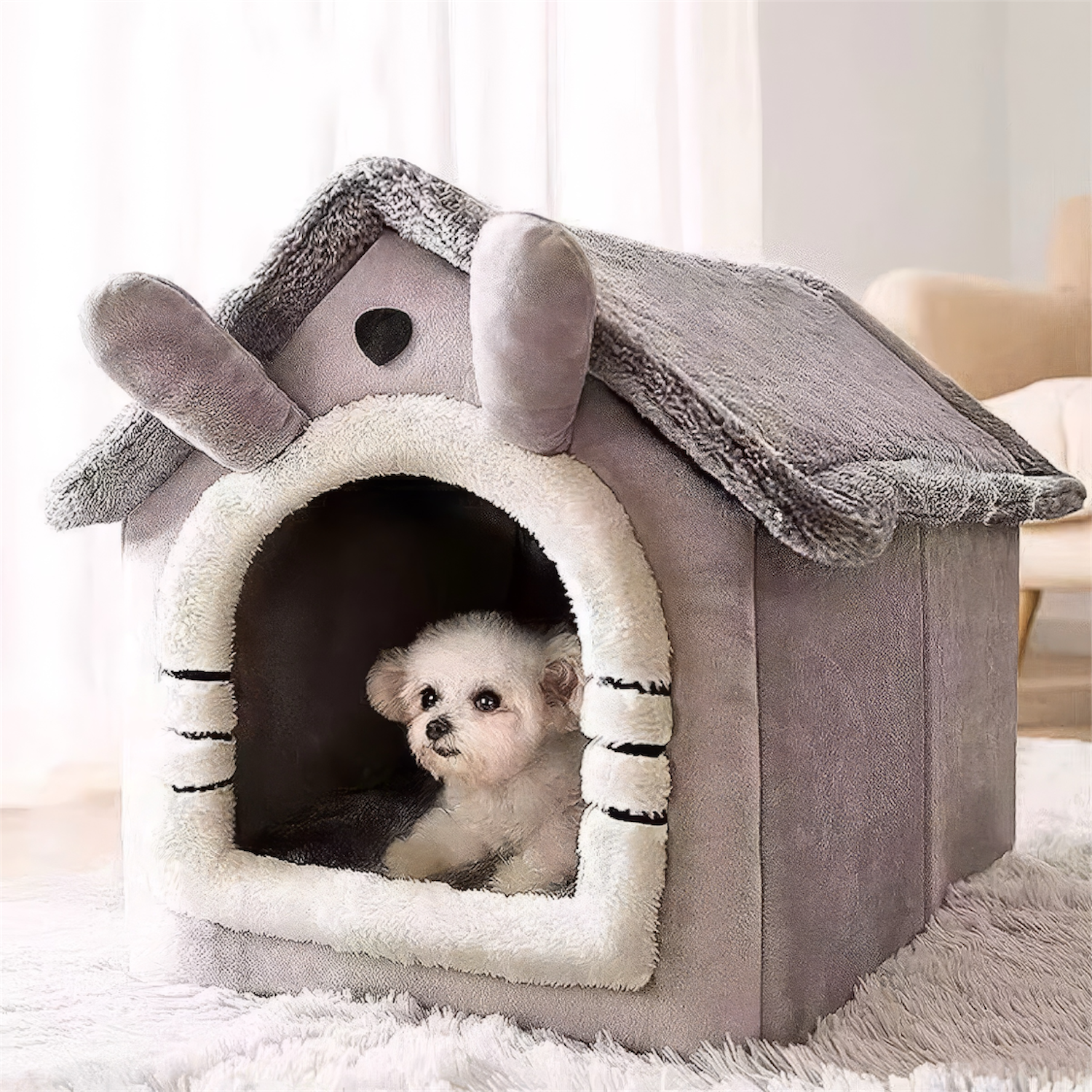 Cute puppy-shaped pet house in soft velvet, a cozy retreat for cats and dogs