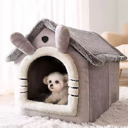 Cute puppy-shaped pet house in soft velvet, a cozy retreat for cats and dogs