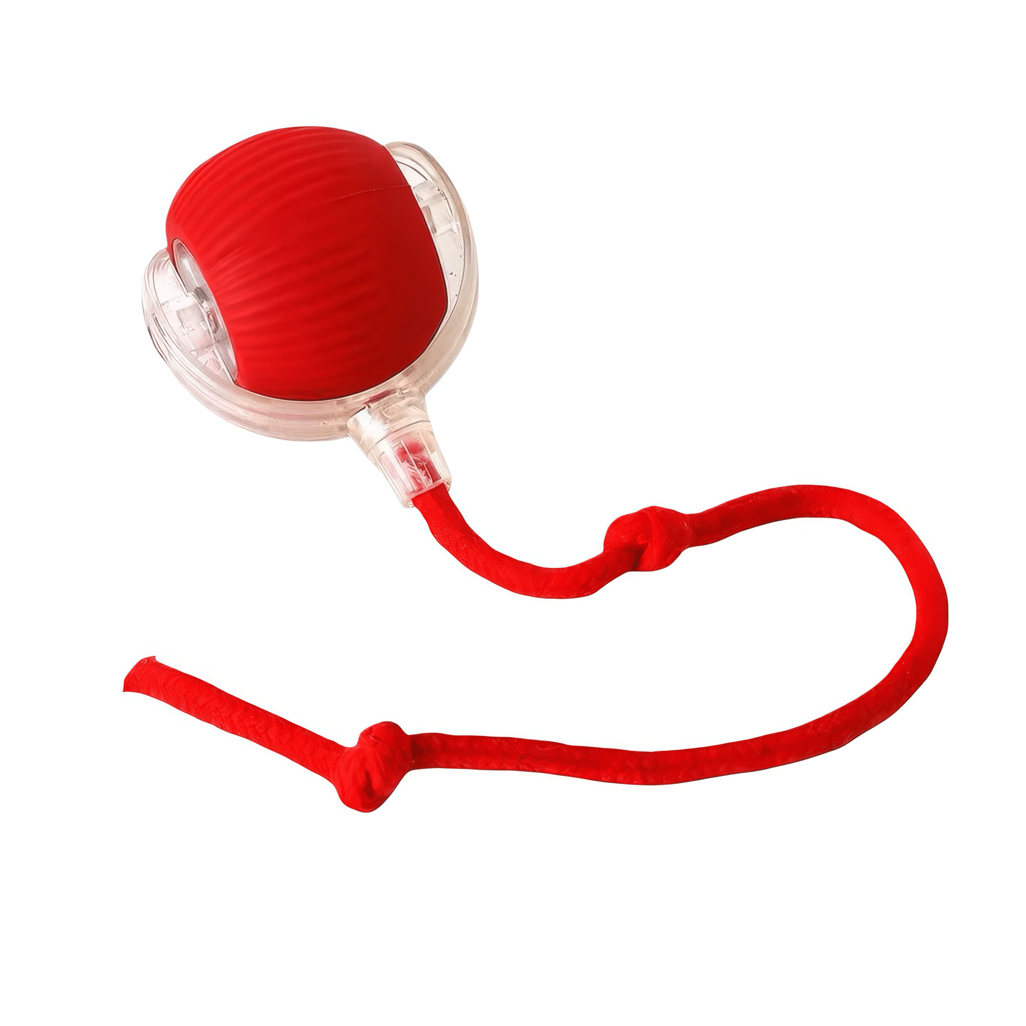 Red rolling ball toy with a red rope on a white background