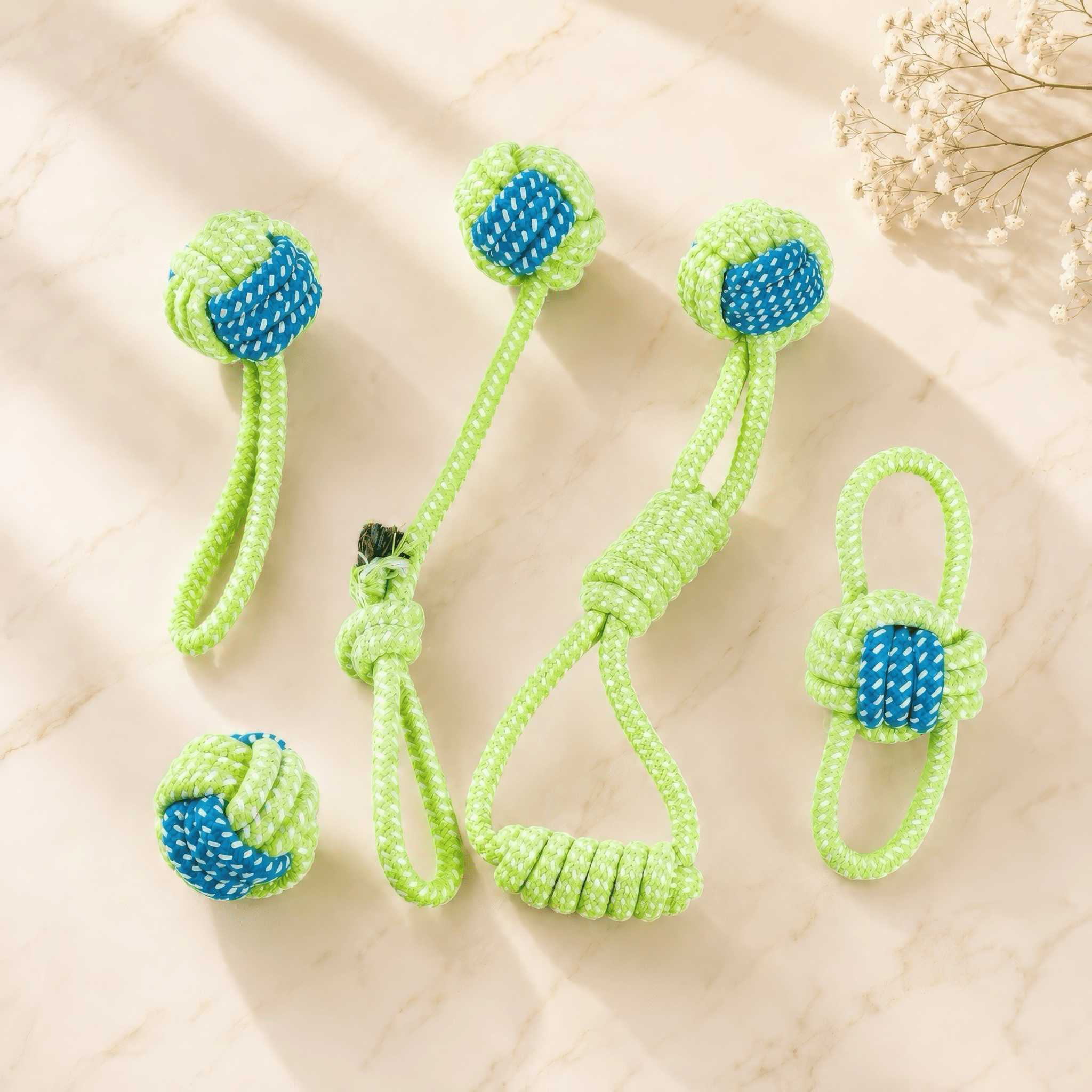 Set of five rope chew toys in different shapes, made from cotton blend rope