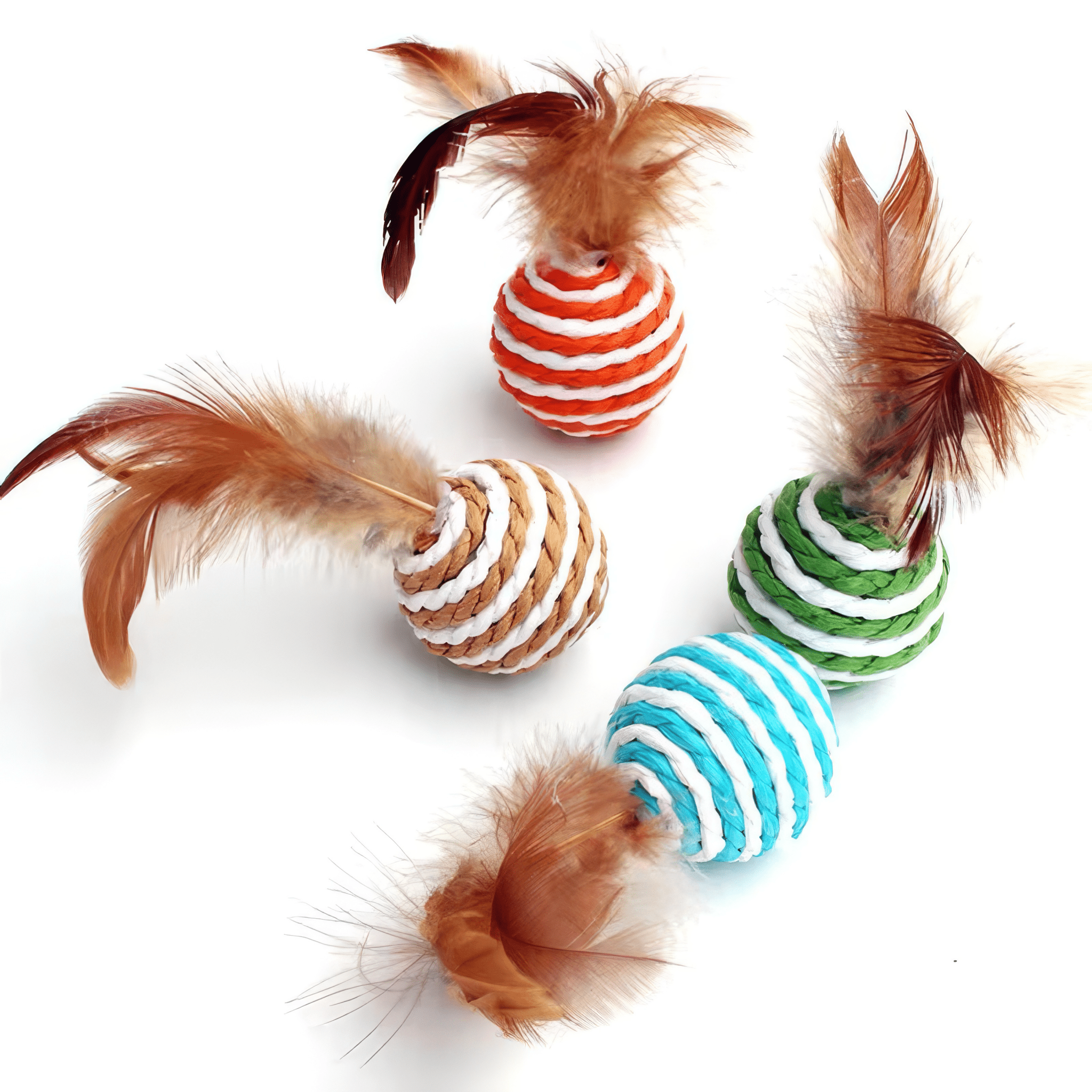 Cat toys with feathers on a white background