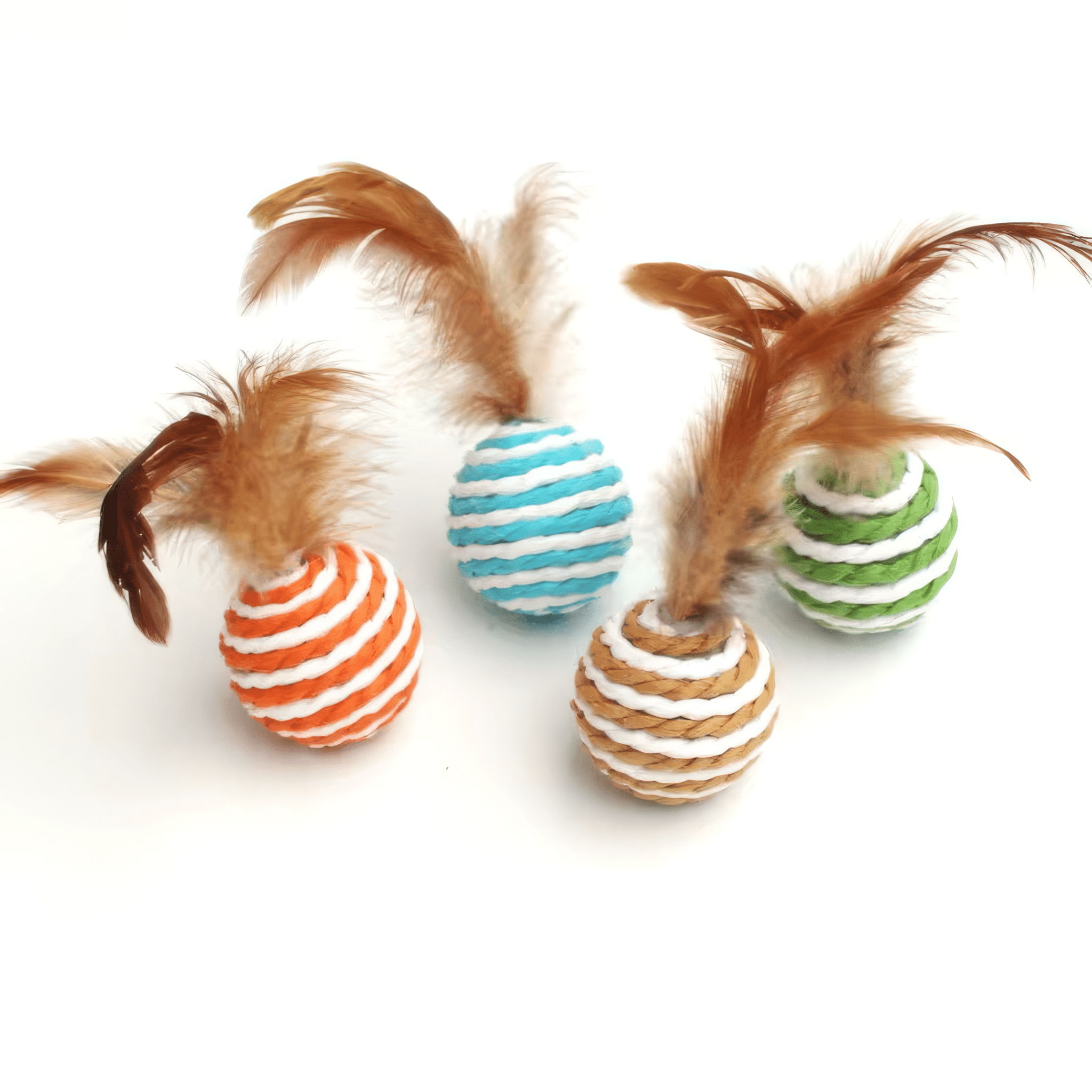 Four sisal cat toys with feathers on a white background
