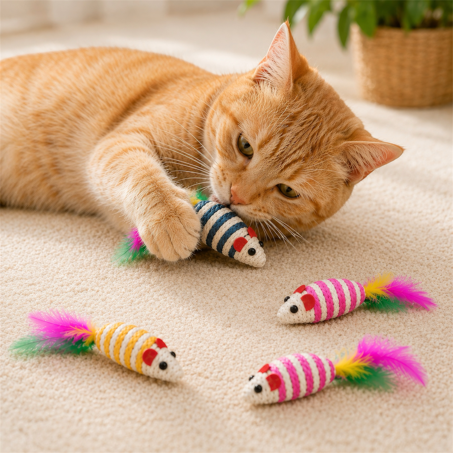 Cat playing with feathered sisal mouse toys on a soft surface