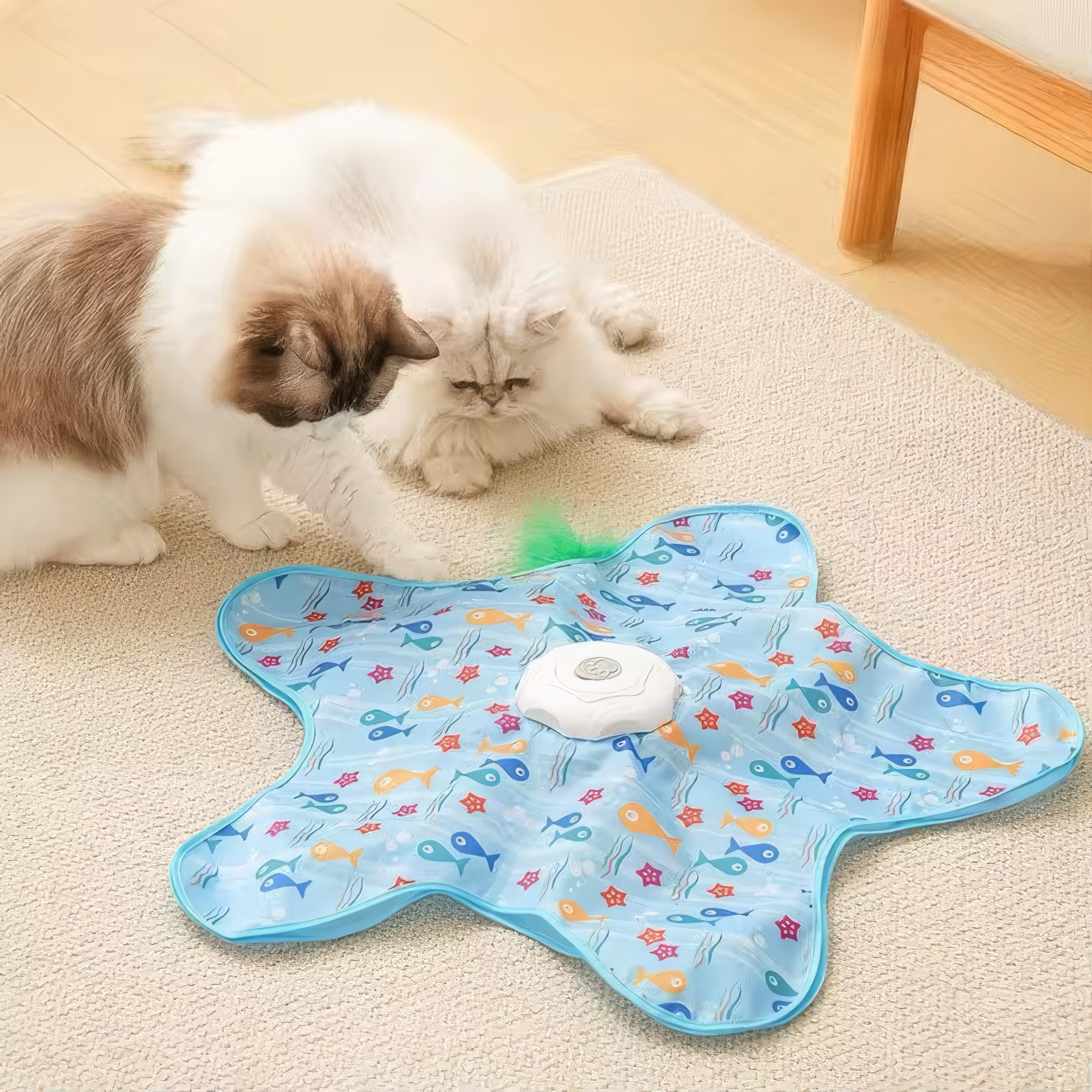 Interactive colorful starfish cat toy with feather wand