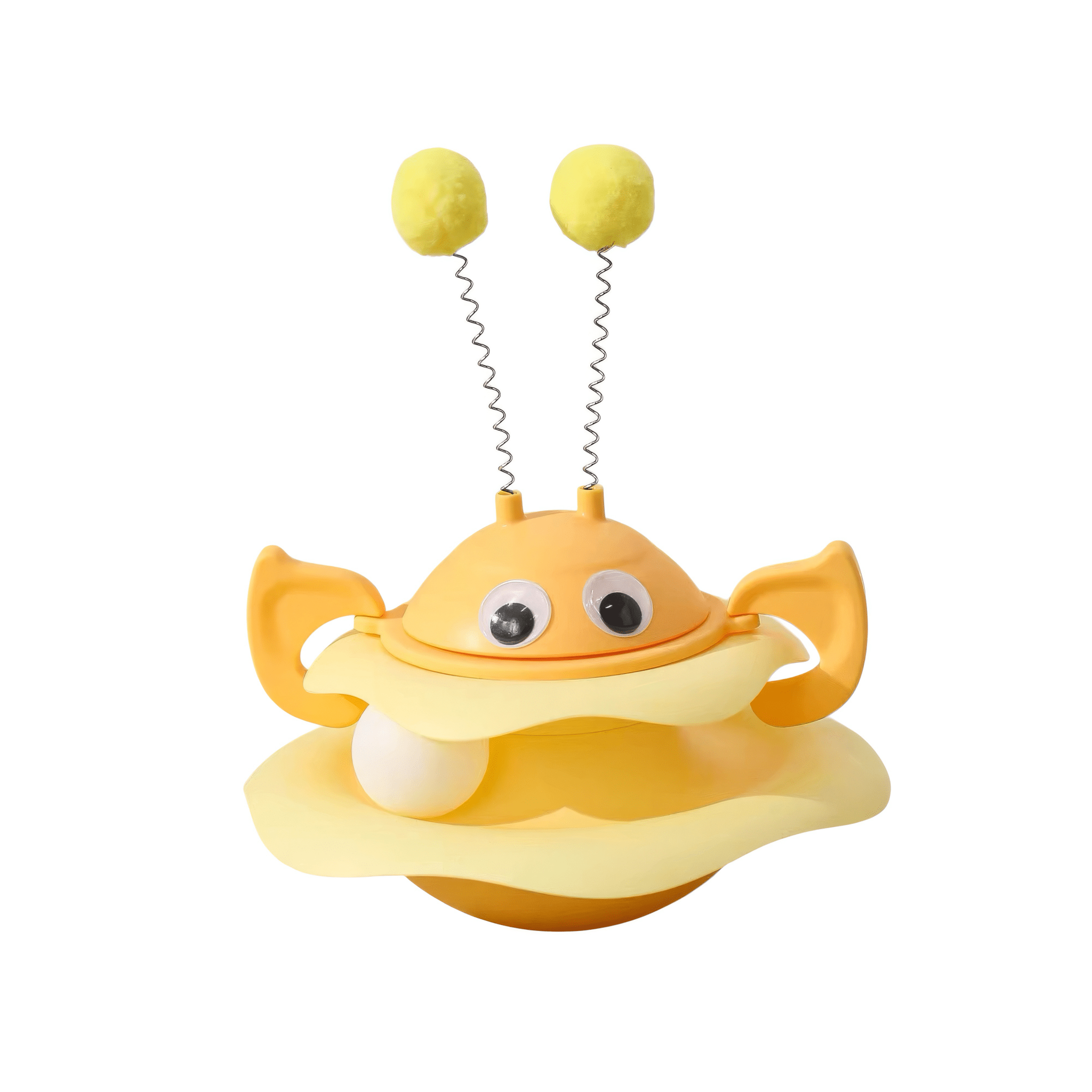 Yellow bee toy with googly eyes and antenna on a white background