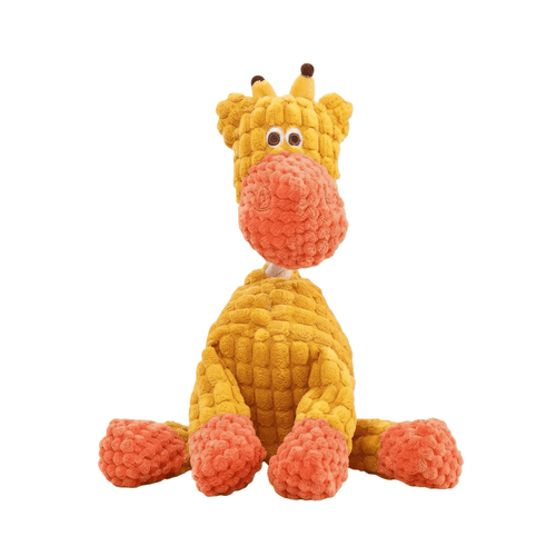Yellow giraffe dog toy made with soft yet durable cotton material